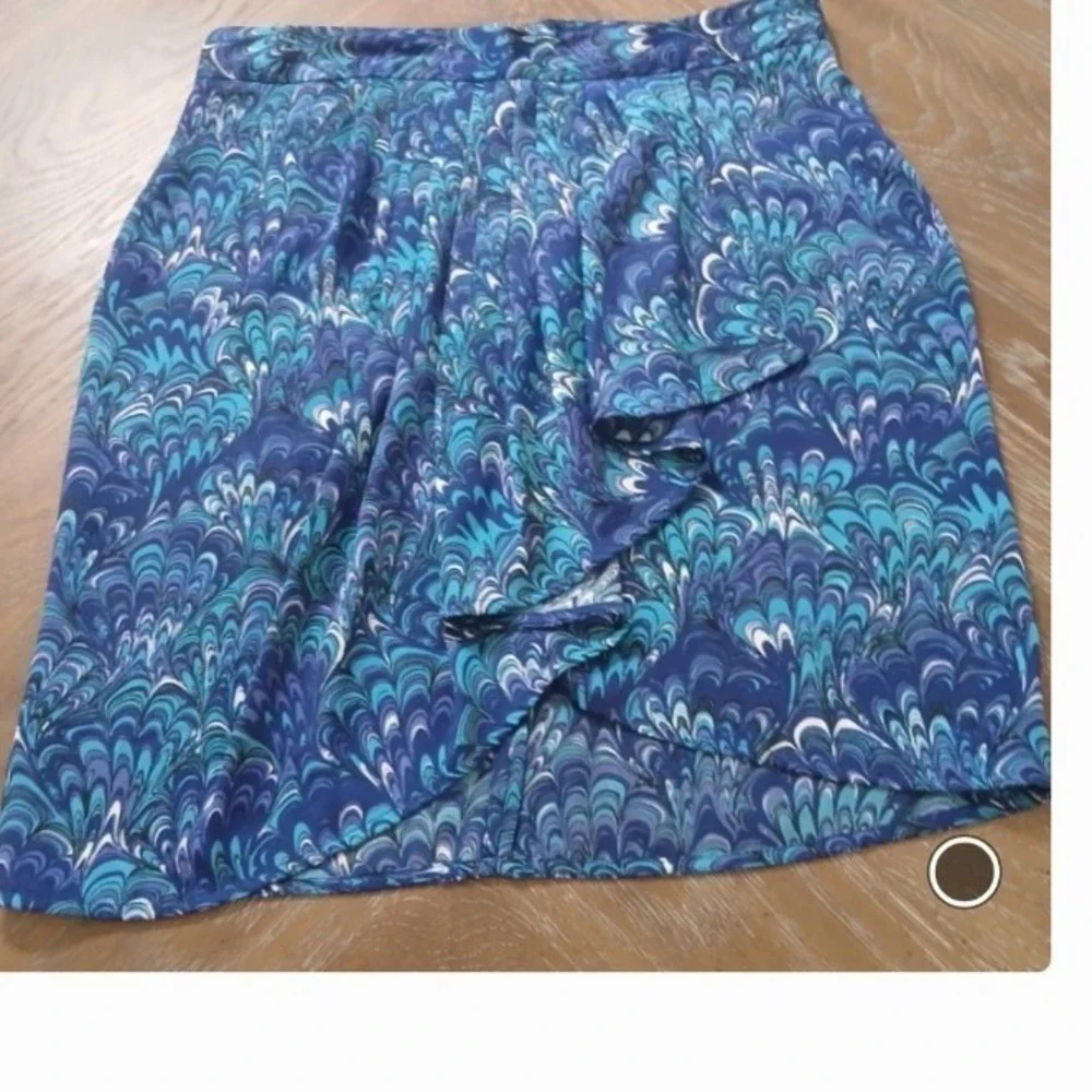 Michael Kors Short Skirt Blue/TealPrint WaterfallFront Soft Pleats Sz 10P